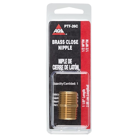 Ags Brass Close Nipple, 1-1/8 Length, Male (1/2-14 NPT), 1/card PTF-26C